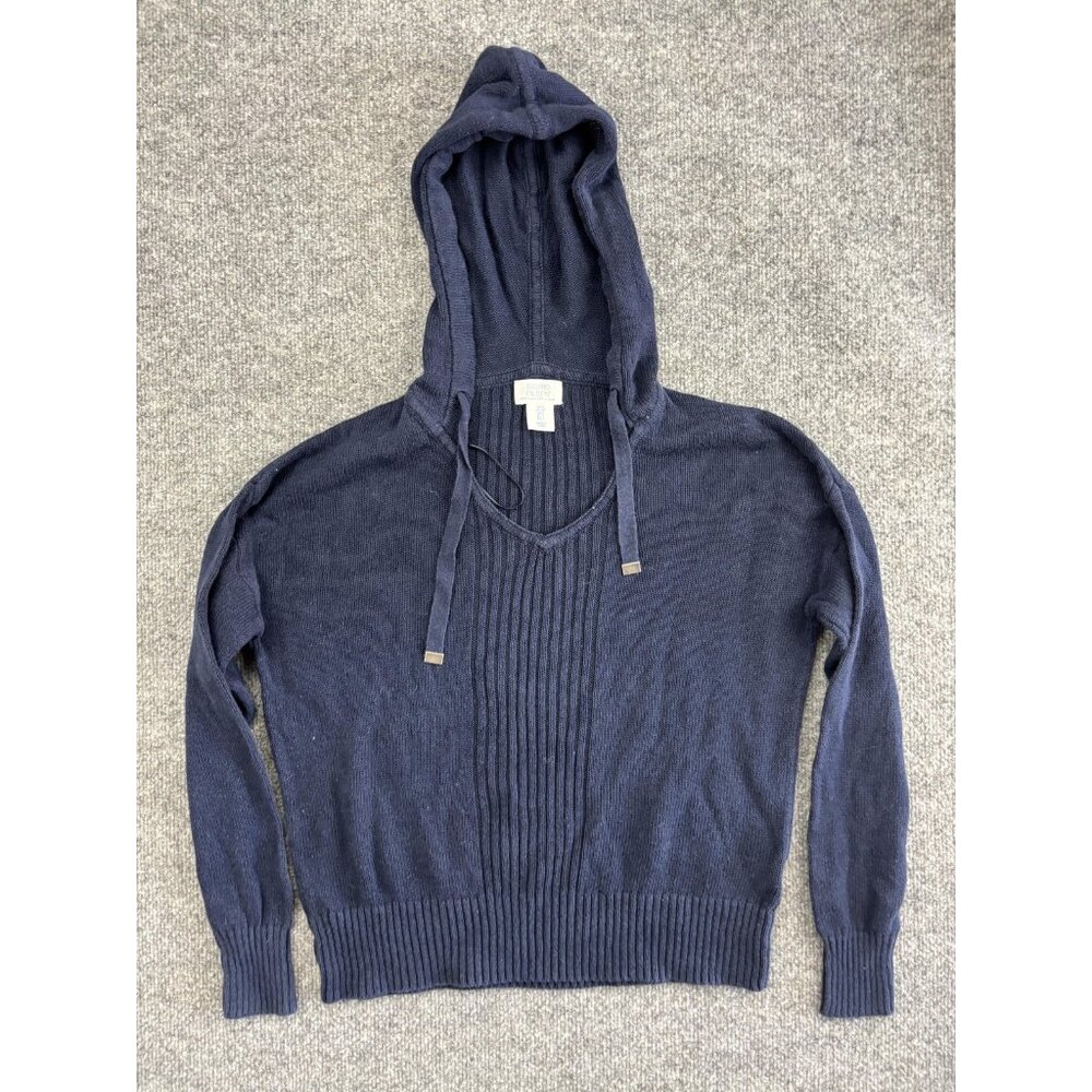 Sigrid Olsen Sweater Womens Small Navy Blue Hooded Linen Cotton Pullover Knit